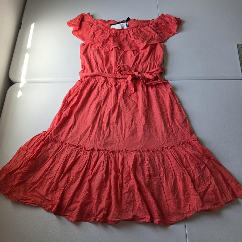 Lauren Ralph Lauren Dress Womens 12 Pink Cotton Off Shoulder Ruffle Midi Belted